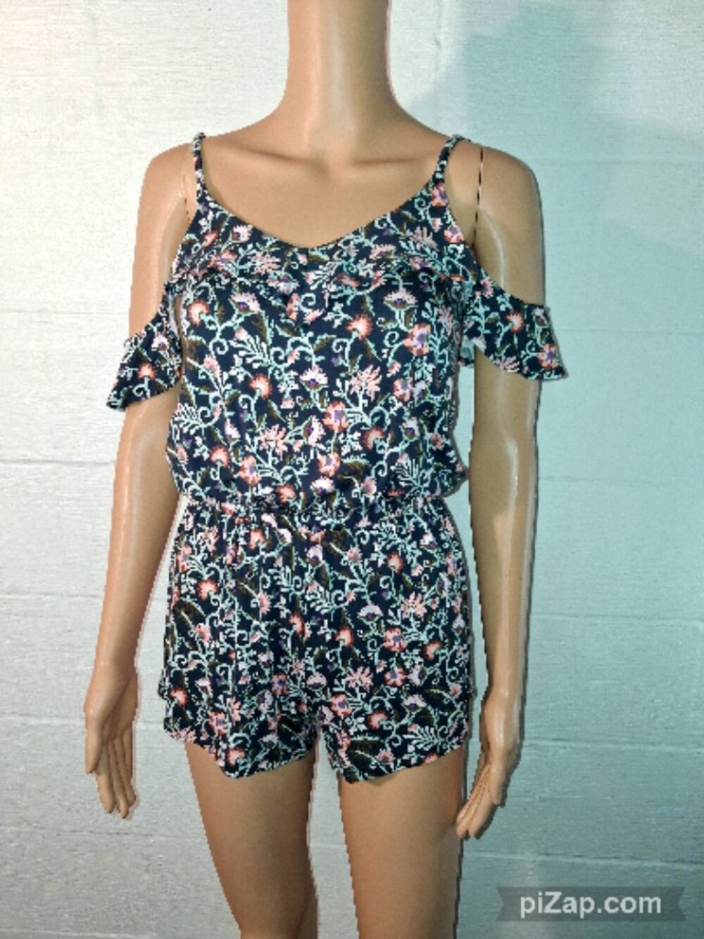 Aeropostale Aero Summer Romper Jumpsuit Cold Shoulder Navy Floral Women's XS